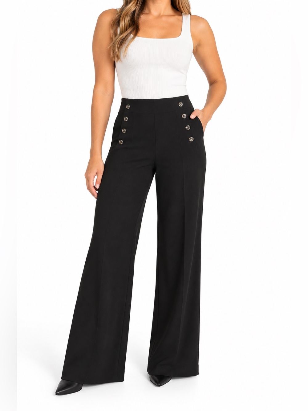Express Pants Womens Medium Black High Rise Wide Leg Sailor Button Dress Pants